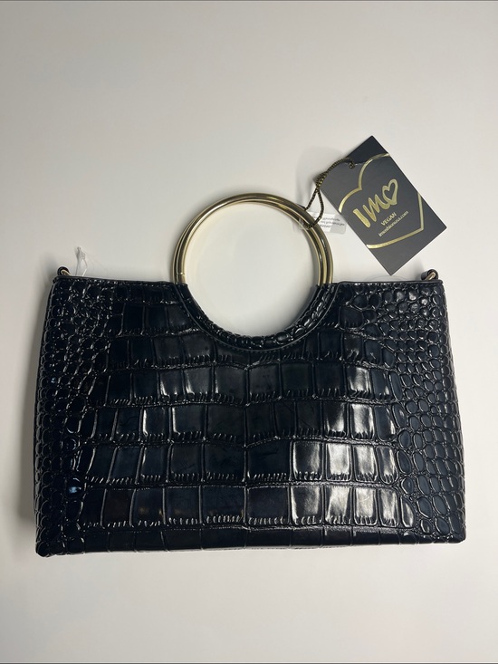 Imoshion Handbags - Imoshion Black Croc-Embossed Clutch with Gold Ring Handle